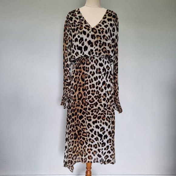Witchery Multicolour Leopard Print Deep V-Neck Balloon Sleeve Midi Dress Size 12 - Picture 2 of 11